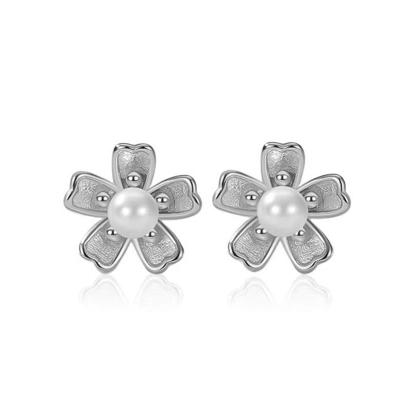 TrustDavis Real 925 Sterling Silver Fashion Simple Sakura Synthetic Pearl Earrings for Women Girls Gift Fine Jewelry DS4679