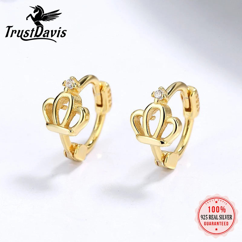 TrustDavis Real 925 Sterling Silver Fashion Temperament Crown Hoop Earrings for Women Wedding Birthday Fine Jewelry DZ1709