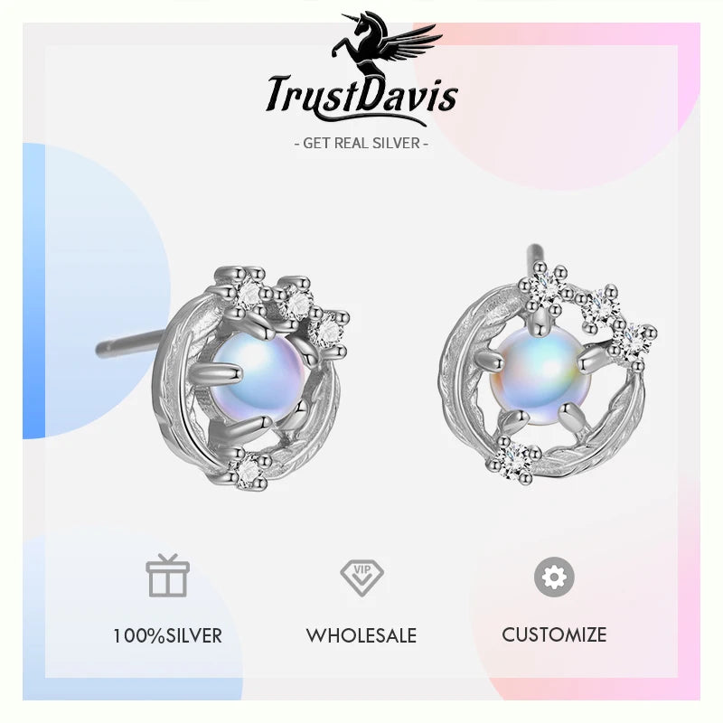 TrustDavis 925 Sterling Silver Women's Fashion Simple Round Feather Moonstone stud Earrings for Women Girls Jewelry Gift DS4474