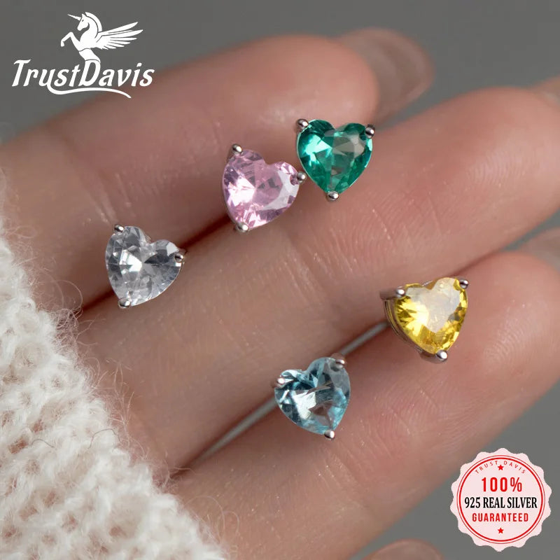 TrustDavis 100% 925 Sterling Silver Fashion Women's Jewelry Heart With CZ Stud Earring Gift For Girls Kids Lady DS3565
