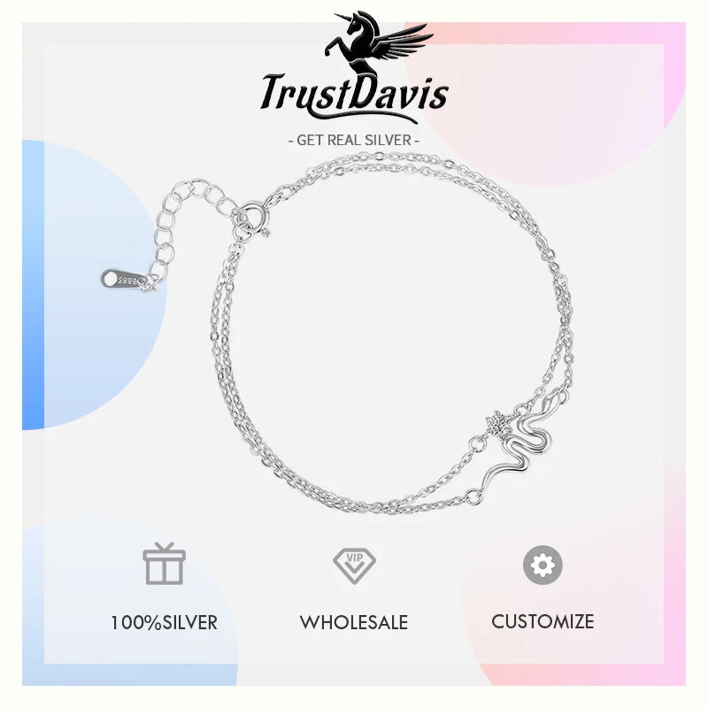 TrustDavis 100% 925 Sterling Silver Fashion Women's Jewelry Double Layer Snake Bracelet for Wife Best Firend Gift DS4188
