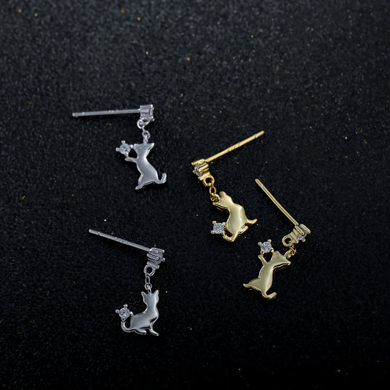 TrustDavis 100% 925 Sterling Silver Cat Stud Earring Fashion Jewelry Gift For Women Daughter Girls Teens Birthday H069