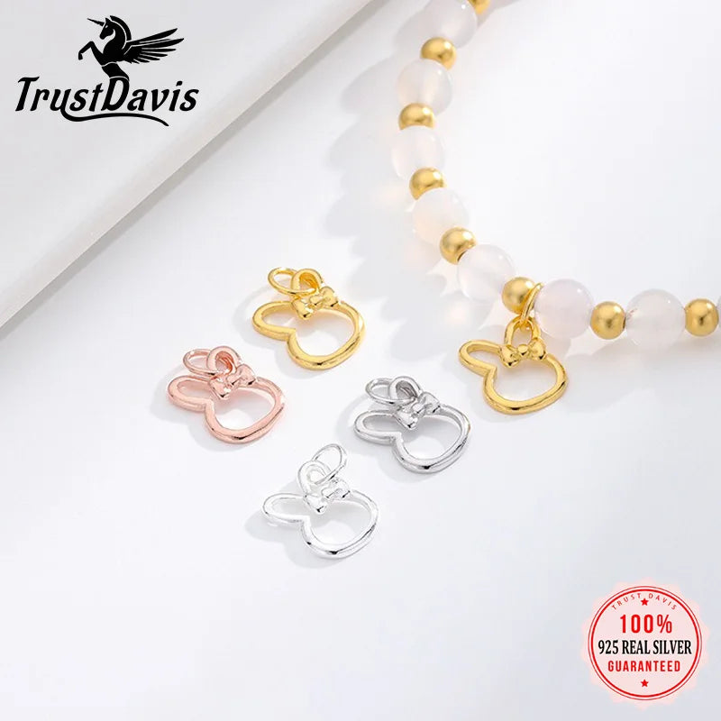 TrustDavis 925 Sterling Silver Classic Fashion Cute Rabbit Bow Pendant DIY Necklace Bracelet Accessories Fine Jewelry DZ1836