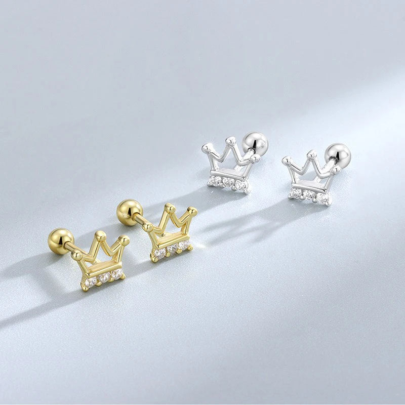 Simple Zirconia Hollow Crown Screw Earrings for Women Girls Jewelry Gift DS4278