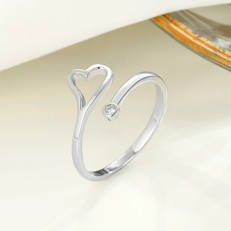 TrustDavis Real 925 Sterling Silver Women's Fashion Simple Hollow Heart-shaped Open Ring for Women Girl Jewelry Gift DS4255