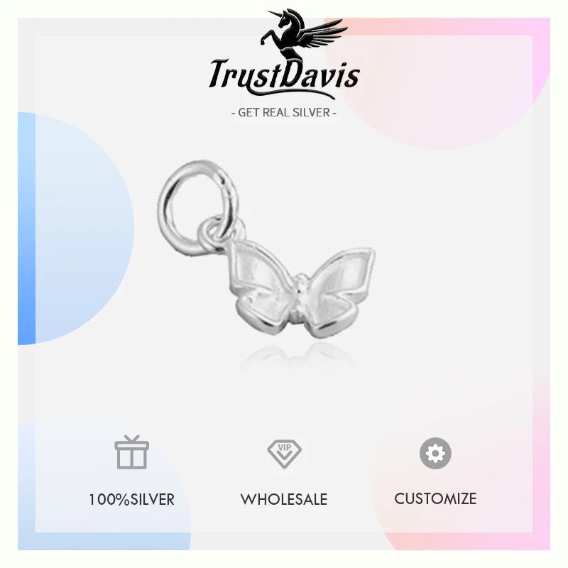 TrustDavis Real 925 Sterling Silver Fashion Sweet Butterfly Charm Pendant Handmade DIY Accessories Wholesale DZ1698