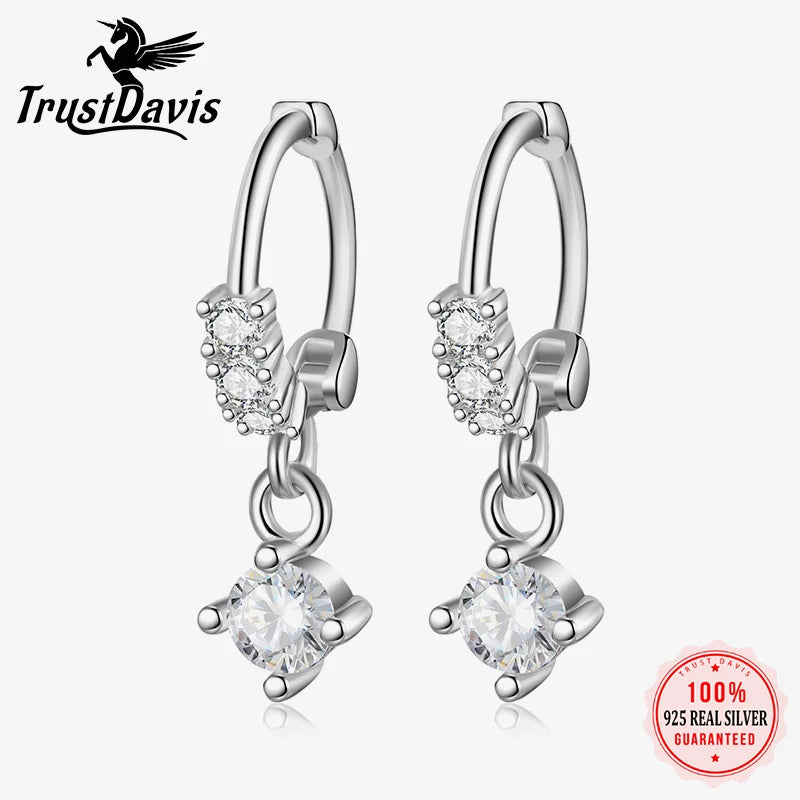 TrustDavis Real 925 Sterling Silver Simple square zircon Hoop Earrings For Daughter Girls Birthday Gift Fine Jewelry DS4128