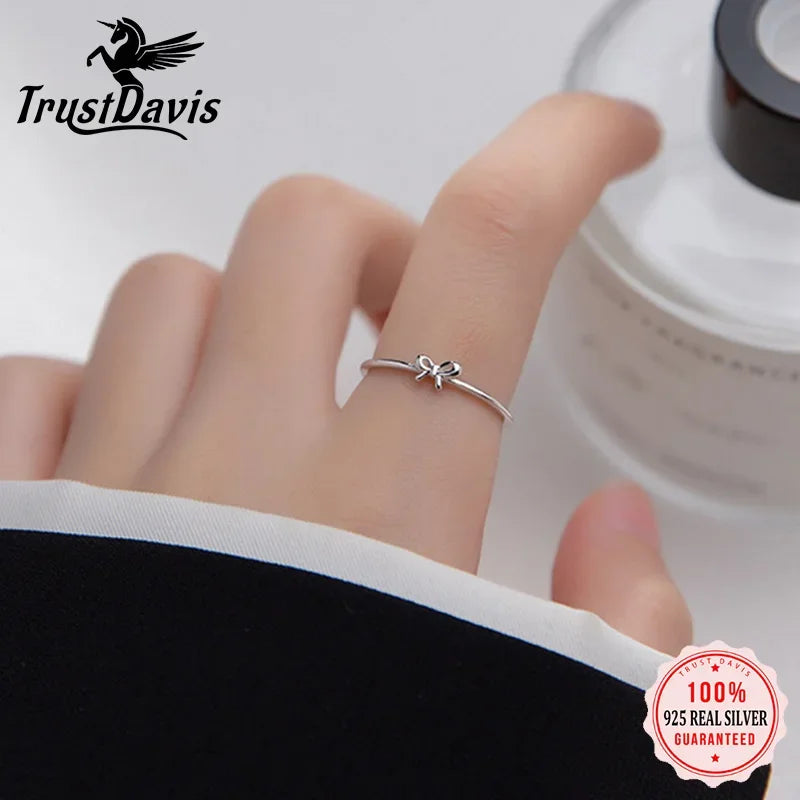 Trustdavis Real 925 Sterling Silver Rings Mini Bowknot Opening Rings For Women Wedding Party Fine Minimalist S925 Jewelry DA2795