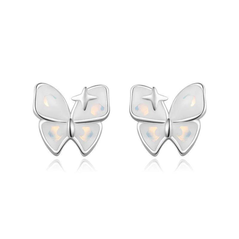 Real 925 Sterling Silver Sweet White Glazed Butterfly Stud Earrings DS4126