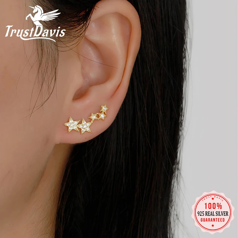 TrustDavis 925 Sterling Silver Women's Fashion Simple Star Zircon Earrings for Women Girls Birthdays Jewelry Gift DS4698