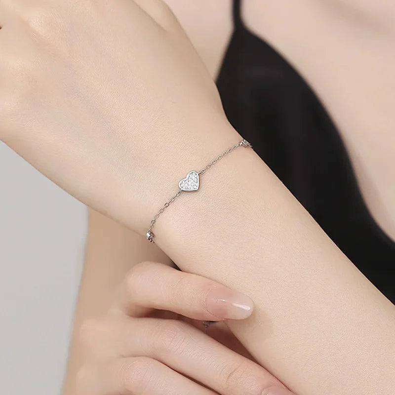 Trustdavis Real 925 Sterling Silver Sweet Simplicity Heart Zircon Bracelet Women Girls Birthday Party Gift Jewelry DS4140