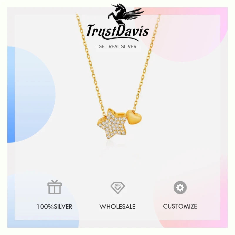 Real 925 Sterling Silver Necklace Sweet Star Heart Pendant Necklace LB175