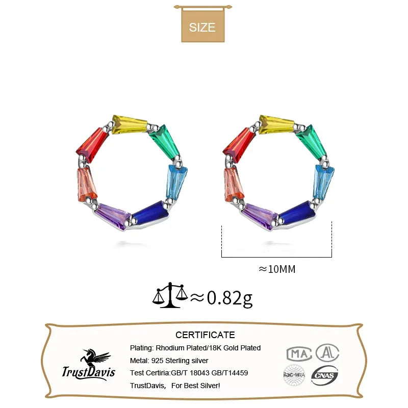 TrustDavis Real 925 Sterling Silver Earring Colorful CZ Stud Earrings for Women Teen 925 Silver Fine Jewelry DS3435