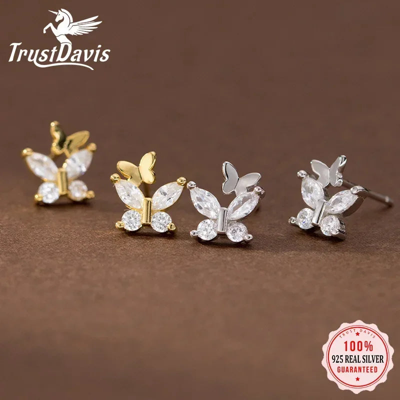 TrustDavis Girls 925 Sterling Silver Trendy Sweet Butterfly Stud Earrings For Women Girls Wedding Party Fine S925 Jewelry DS4259