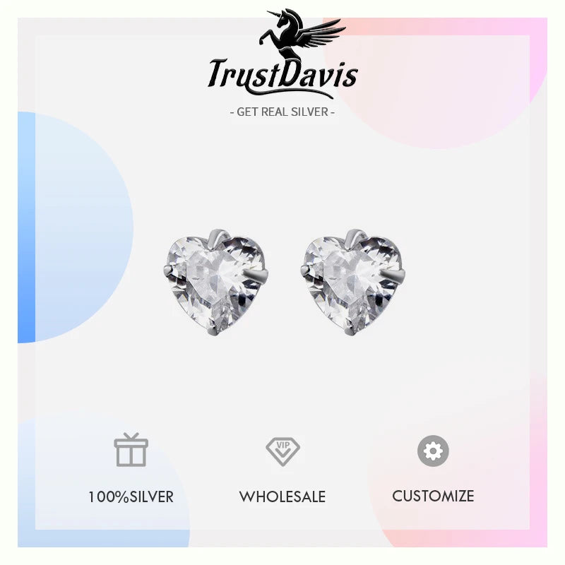TrustDavis 925 Sterling Silver Simple and Stylish Heart Shape Cz Stud Earrings Gift for Women Fine Jewelry for Her DS4168