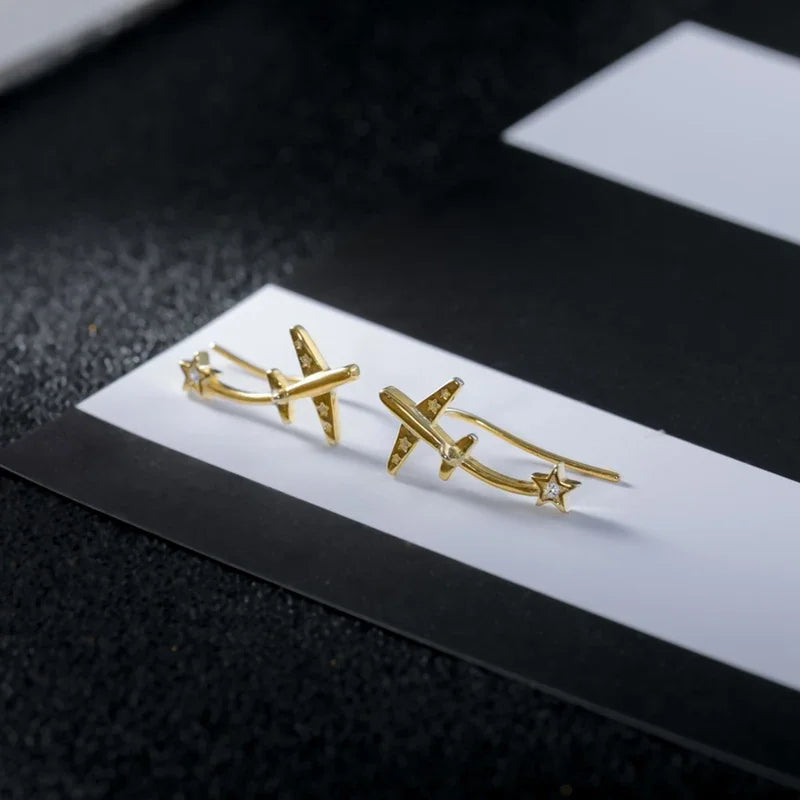 Real 925 Sterling Silver Fashion Plane Star Ear Hook Charm Stud Earrings H072