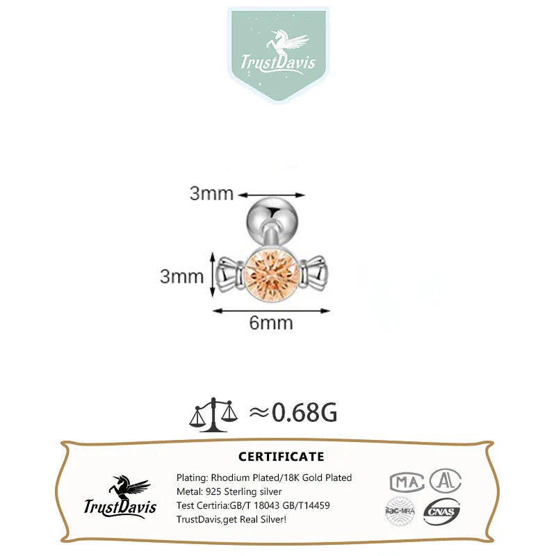 TrustDavis Real 925 Sterling Silver Fashion Sweet Cute Zirconia Candy Screw Earrings for Women Girls Jewelry Gift DS4712