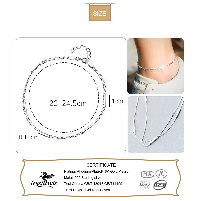 TrustDavis 925 Sterling Silver Fashion Sweet Double Layer Stick Anklets For Women Valentine's Day Birthday Gift Jewelry DS776