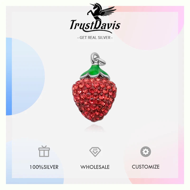 TrustDavis New Real 925 Sterling Silver Fashion Zircon Red Strawberry Charm Pendant Handmade DIY Accessories Wholesale DZ1733