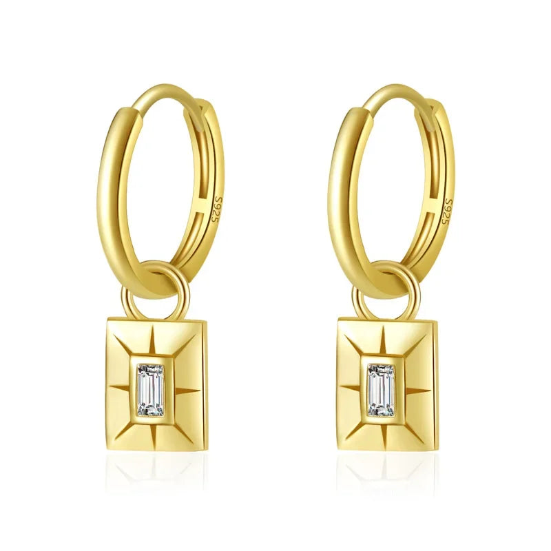 18K Gold Square Shiny CZ Pendant Hoop Earrings DF248