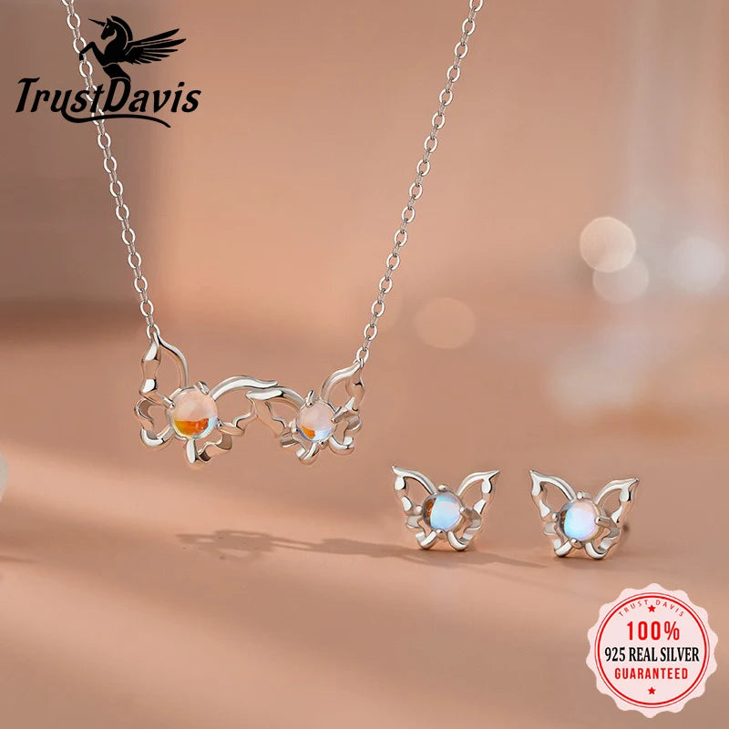 TrustDavis 925 Sterling Silver Women's Fashion Butterfly Moonstone Necklace and Earring Set for Women Girls Jewelry Gift DS4302