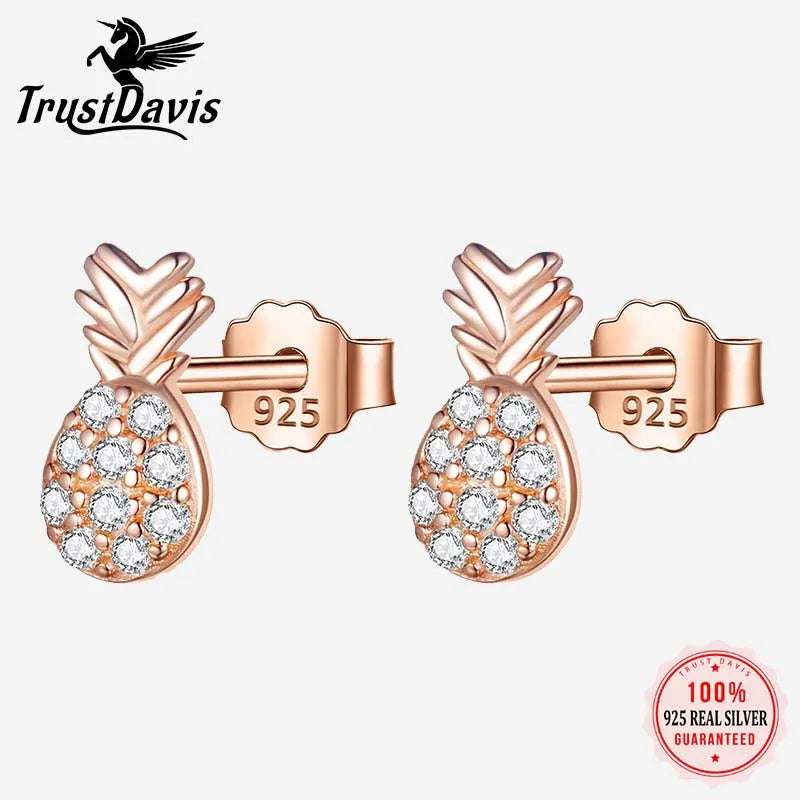 TrustDavis Fashion Real 925 Sterling Silver Sweet Cute Fruit Pineapple Stud Earrings For Women Office Lady Fine Jewelry DS4502