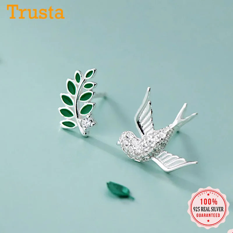 Sweet Asymmetric Bird Branch CZ Charm Stud Earrings DB422