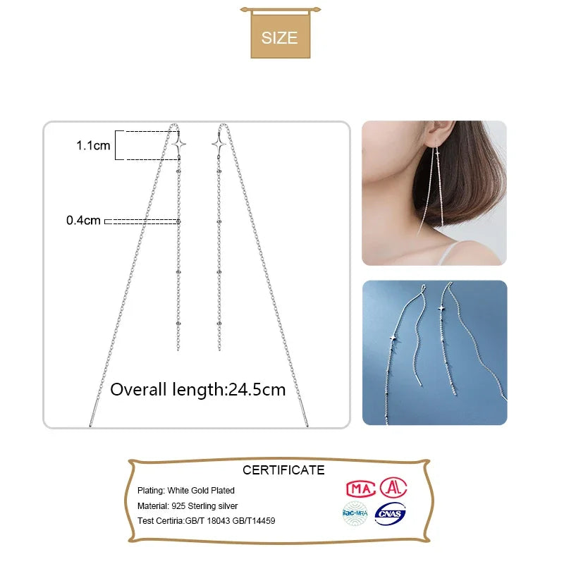 925 Sterling Silver Sweet Long Beads Star Chain 25cm Ear Line Earring DA1500