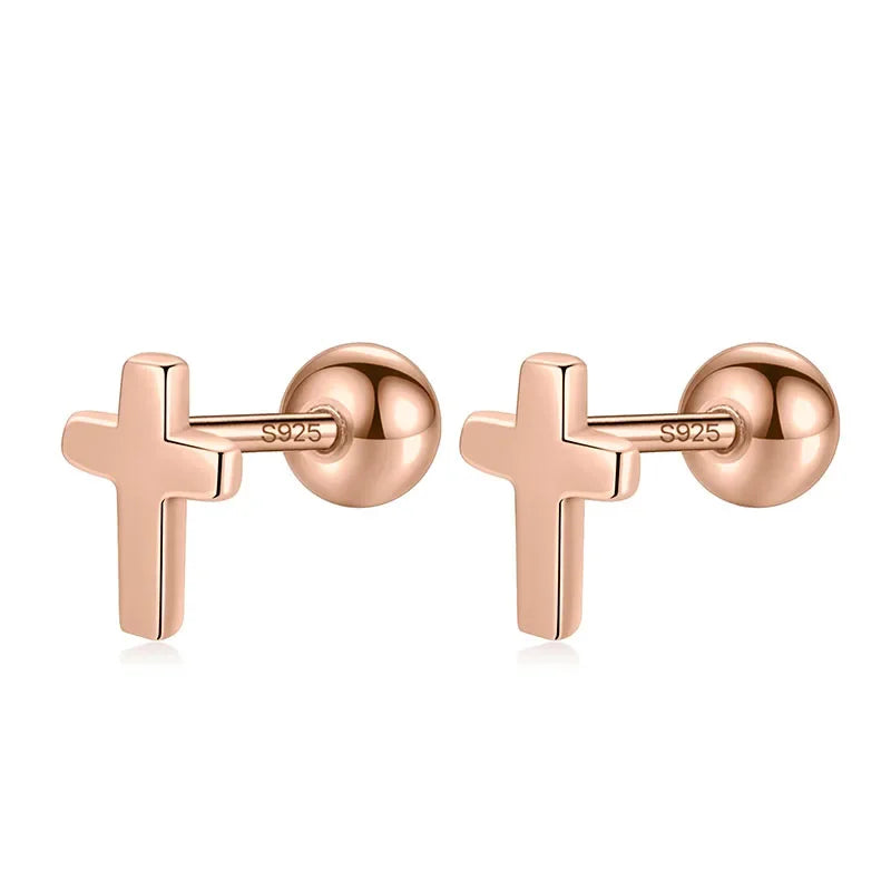 Real 925 Sterling Silver Mini Cross Bead Screw Stud Earrings DA00297
