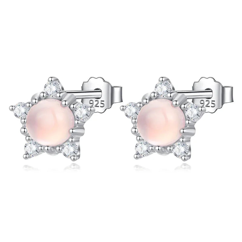 Real 925 Sterling Silver Pink Cat's Eye Star Stud Earrings DA2974