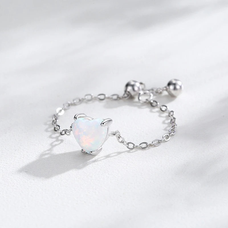 TrustDavis Real 925 Sterling Silver Women's Fashion Simple Blue Opal Heart Adjustable Ring for Women Girls Gift Jewelry DS4233