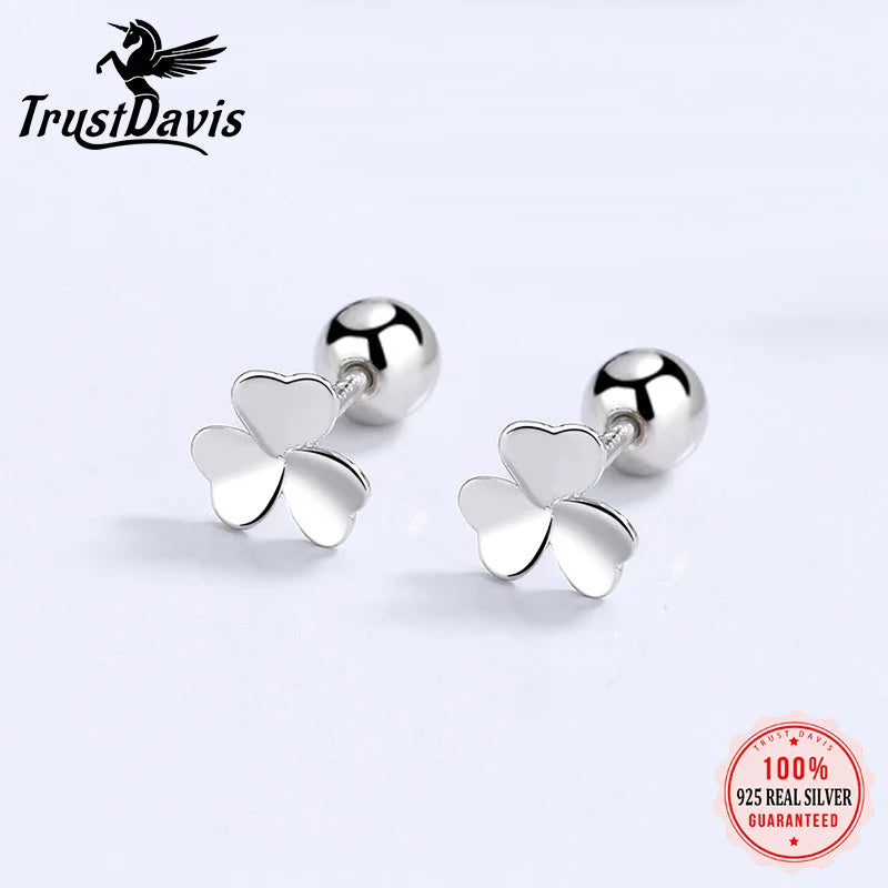 Trustdavis Real 925 Sterling Silver Fashion Sweet Clover Flowers Beads Screw Stud Earrings For Women Wedding Fine Jewelry DA2260