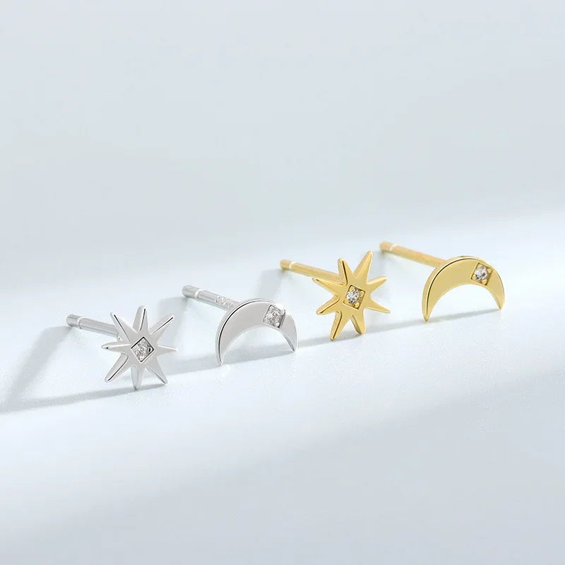 TrustDavis Real 925 Sterling Silver Moon Star Zircon Stud Earrings Women Mum Daughter Birthday Party Gift Jewelry DS4415