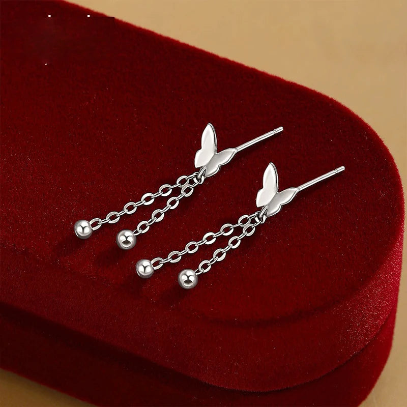 TrustDavis Real 925 Sterling Silver Women's Butterfly Earrings Sweet Butterfly Tassel Earrings for Women Gift Jewelry DS4472