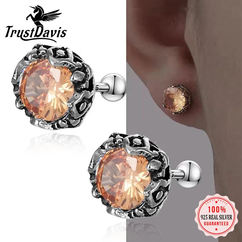 TrustDavis 925 Solid Real Sterling Silver Retro Fashion Screw Stud Earrings for Women Men Silver Jewelry DS4161