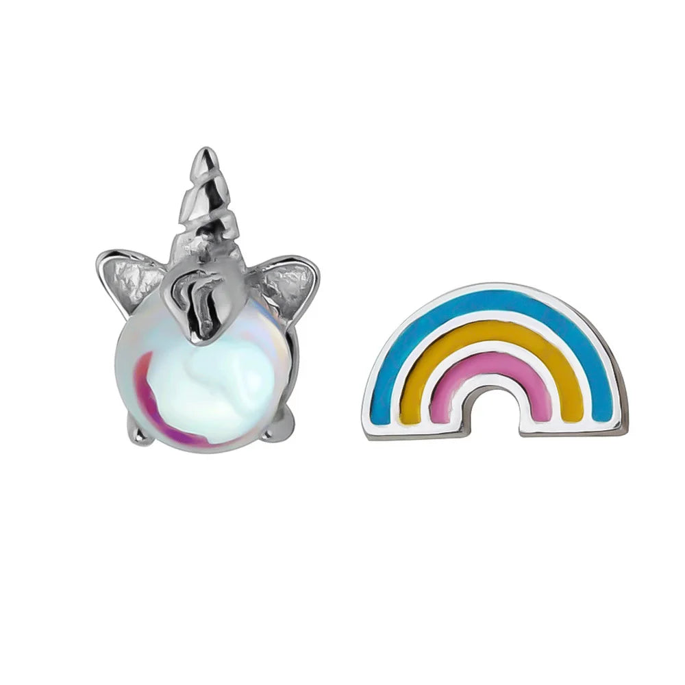 Trustdavis 100% 925 Solid Real Sterling Silver Asymmetric Rainbow Unicorn Stud Earring For Women Girl Fine Jewelry Brincos ZH131