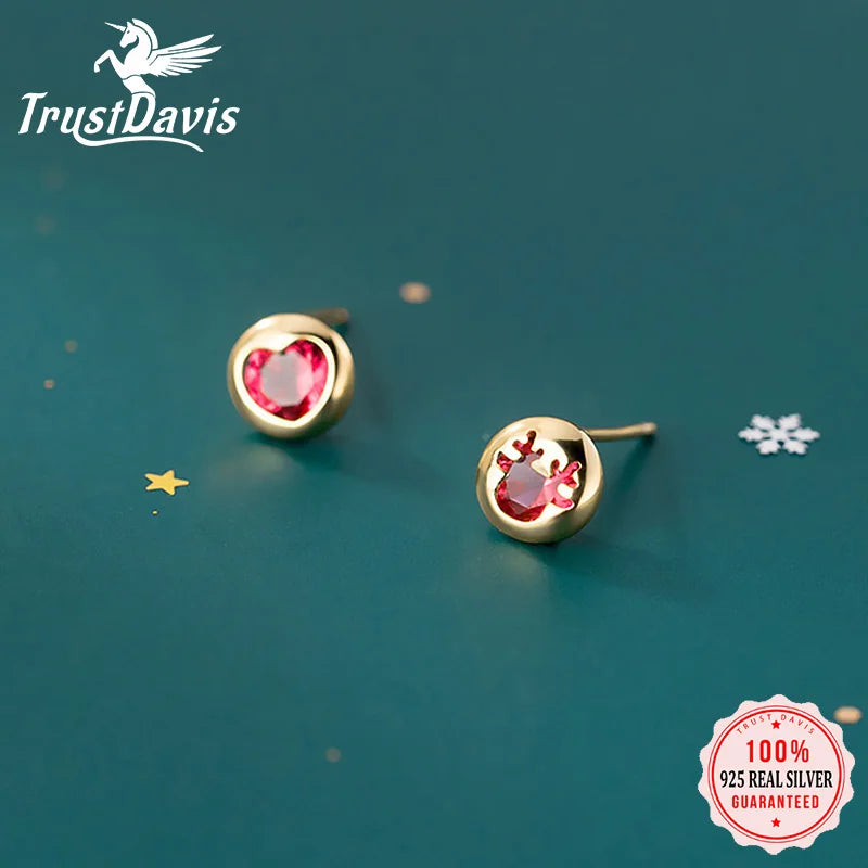 Round Heart Deer Red CZ Stud Earrings DA196