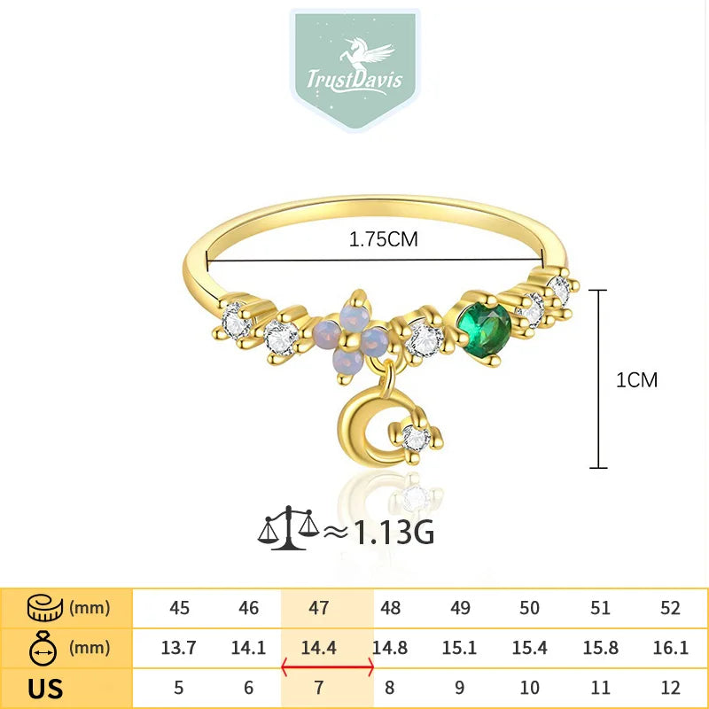 TrustDavis 925 Sterling Silver Women's Single Vintage Colored Zircon/star/moon/flower Ring for Women Girls Jewelry Gift DS4332