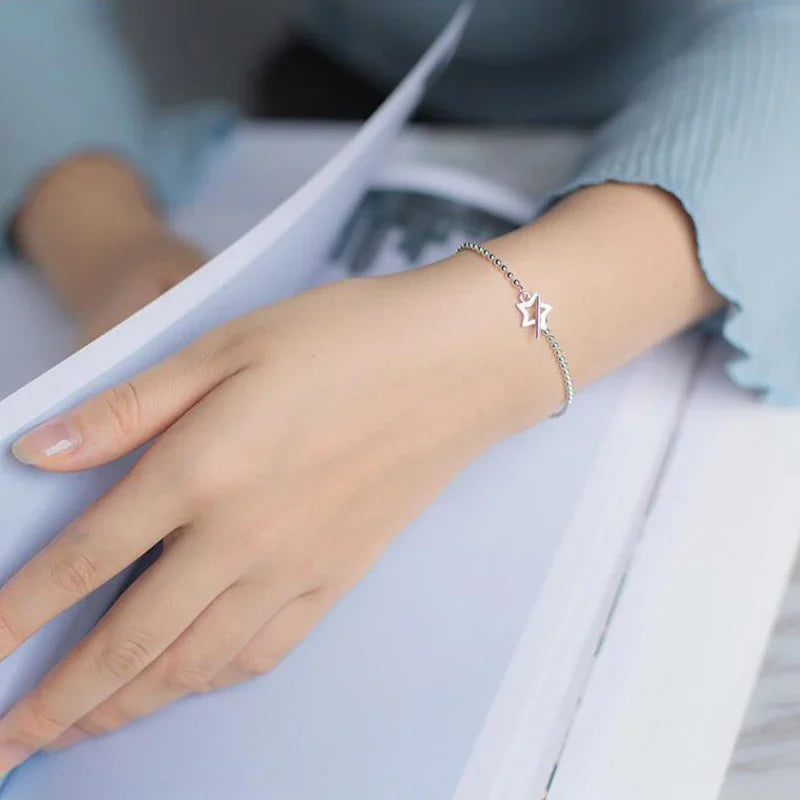 Trusta 100% 925 Solid Real Sterling Silver Fashion Beads Heart Star Bracelet 16cm For Teen Girls Lady Gift Women Jewelry DS1014