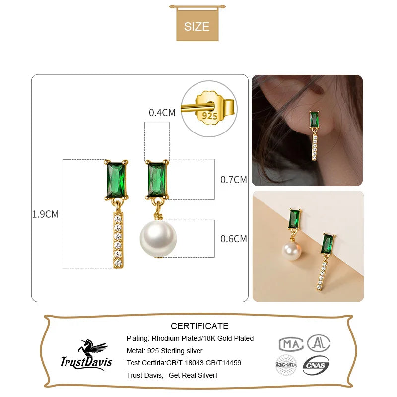 TrustDavis Real 925 Sterling Silver Earring Asymmetric Synthesis Pearl Green CZ Stud Earrings For Women Mother's Day Gift DA3138