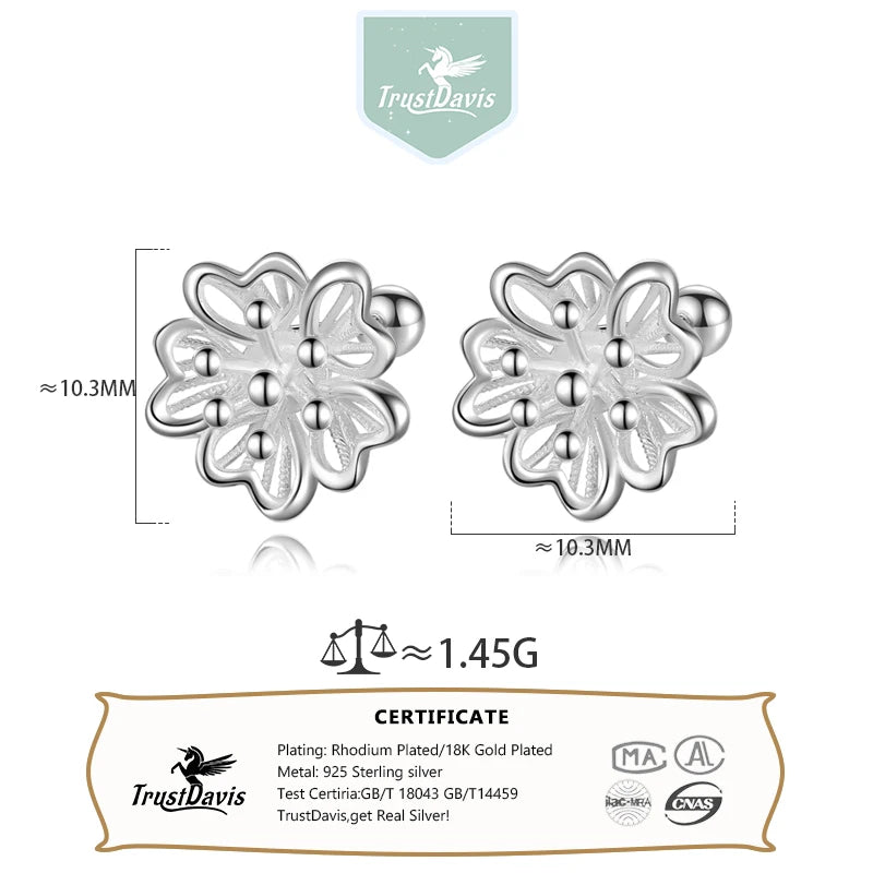 Trustdavis Girls Real 925 Sterling Silver Cute Openwork Flowers Stud Earrings Women Daughter Birthday Party Gift Jewelry DS4414