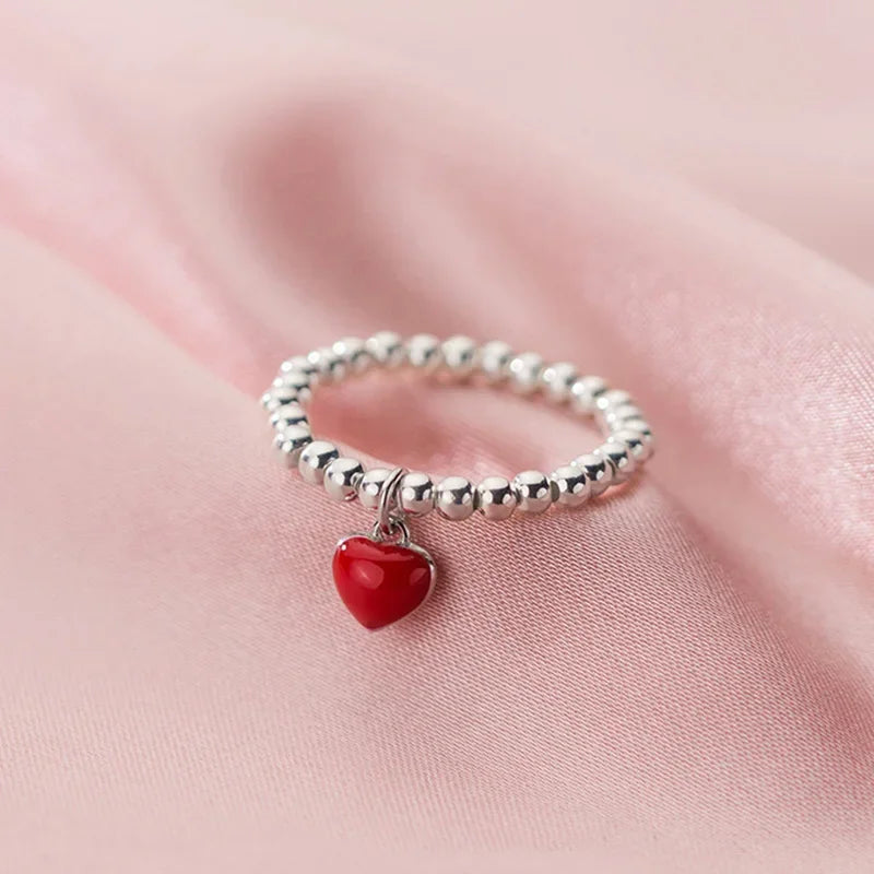 TrustDavis Minimalist Real 925 Sterling Silver Sweet Beads Red Heart Elastic Rings For Women Wedding Party S925 Jewelry DA1376