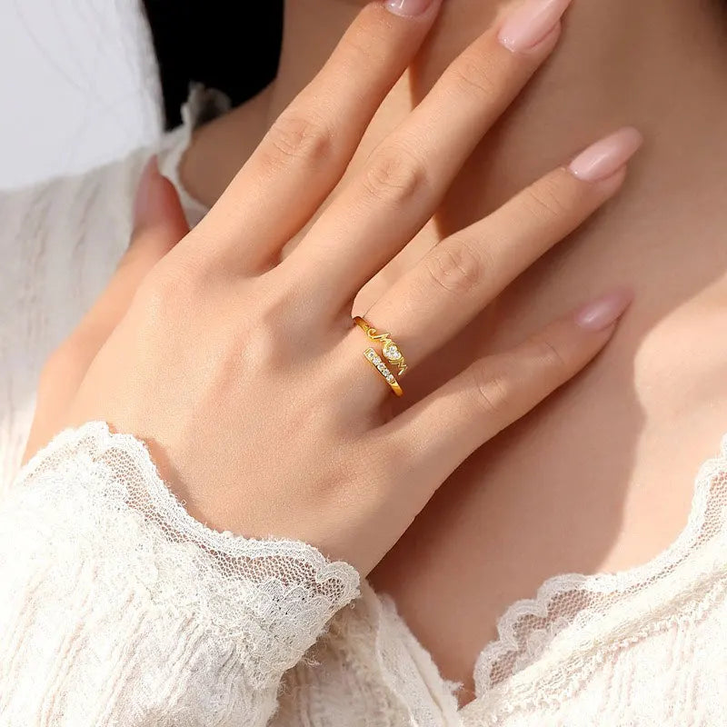 TrustDavis Girls 925 Sterling Silver Fashion Mom Heart Shaped Ring Mom Letter Ring for Mother's Day Birthday Gift Jewelry DS4194