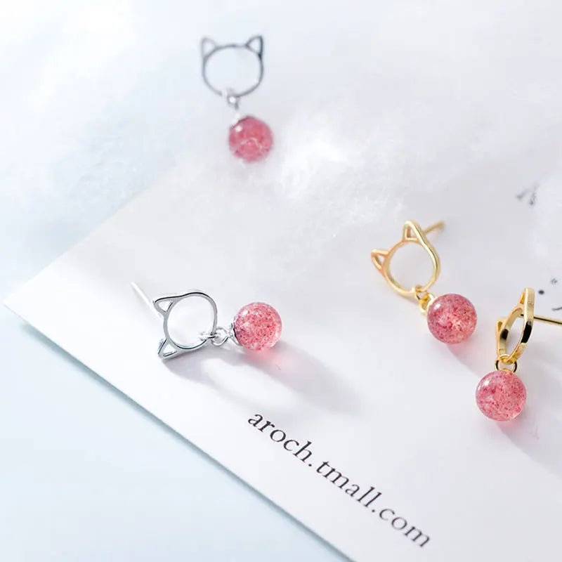 TrustDavis Real 925 Sterling Silver Cute Cat Pink Strawberry Crystal Earrings for Women Wedding Party Fine S925 Jewelry DS4385