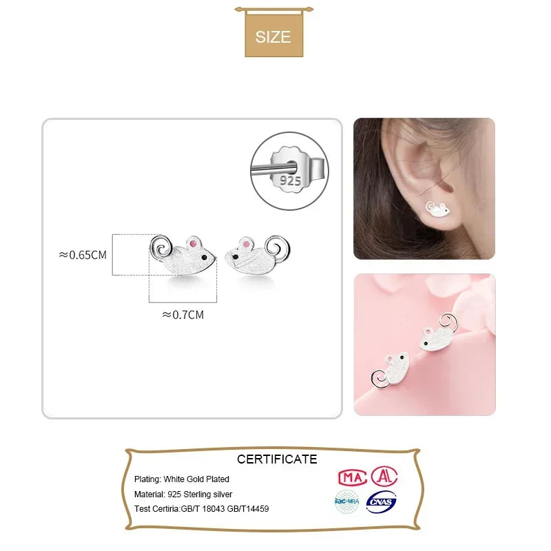 TrustDavis Genuine Fashion 925 Sterling Silver Charms Animal Mouse Stud Earring For Women Silver 925 Earrings Jewelry Gift DA345