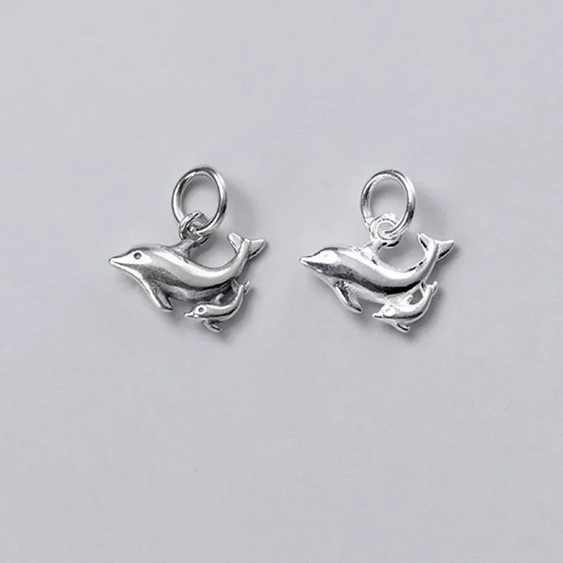 TrustDavis Real 925 Sterling Silver Fashion Sweet Double Dolphins Charm Pendant Handmade DIY Accessories Fine Jewelry DZ202