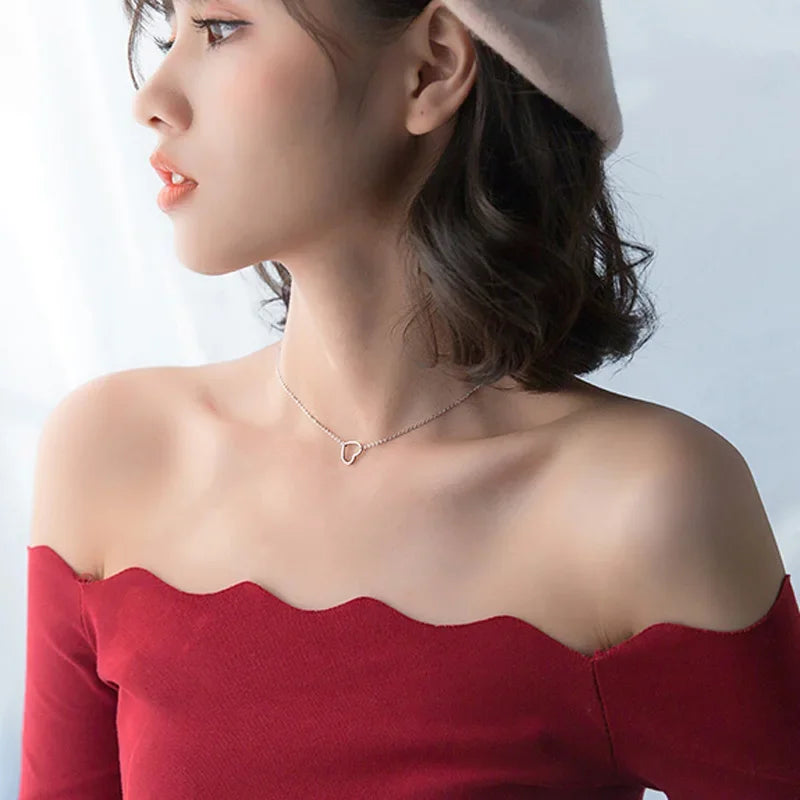 TrustDavis Real 925 Sterling Silver Clavicle Necklaces For Women Wedding Party Romantic Heart Love 925 Necklace Jewelry DS464