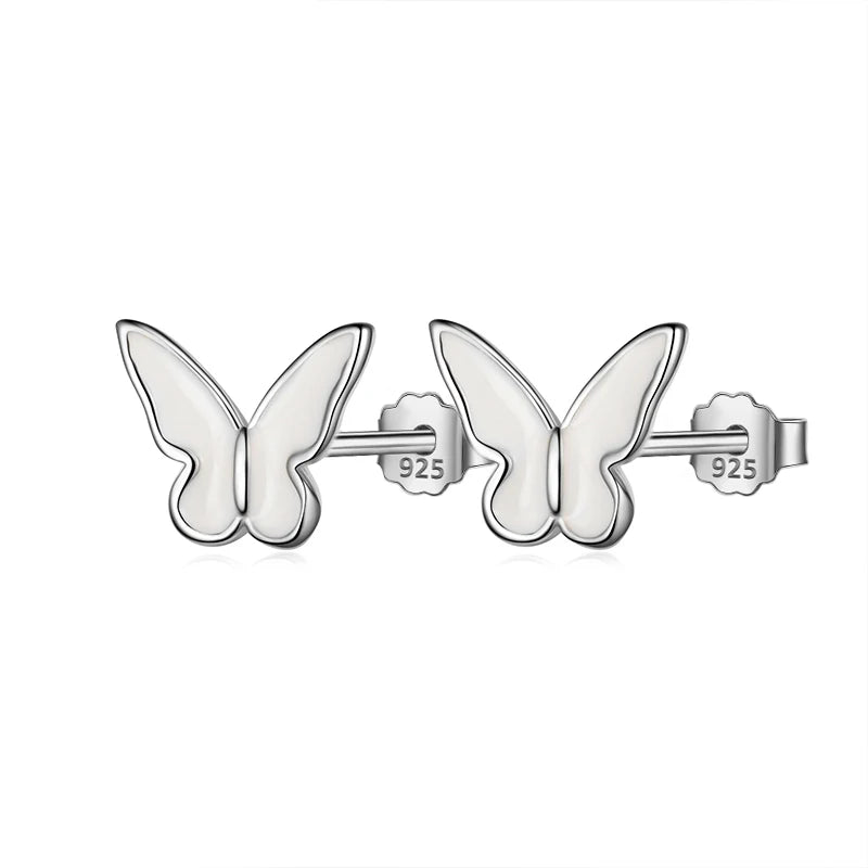 TrustDavis Real 925 Sterling Silver Women's Fashion Simple Epoxy White Butterfly Earrings for Women Girls Jewelry Gifts DS4254