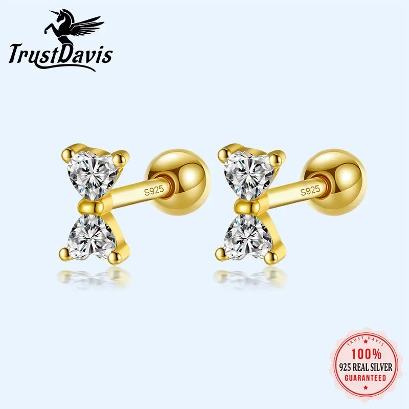 TrustDavis Real 925 Sterling Silver Earring Fashion Bowknot Shiny CZ Screw Stud Earrings For Daughter Girls Fine Jewelry DA3166