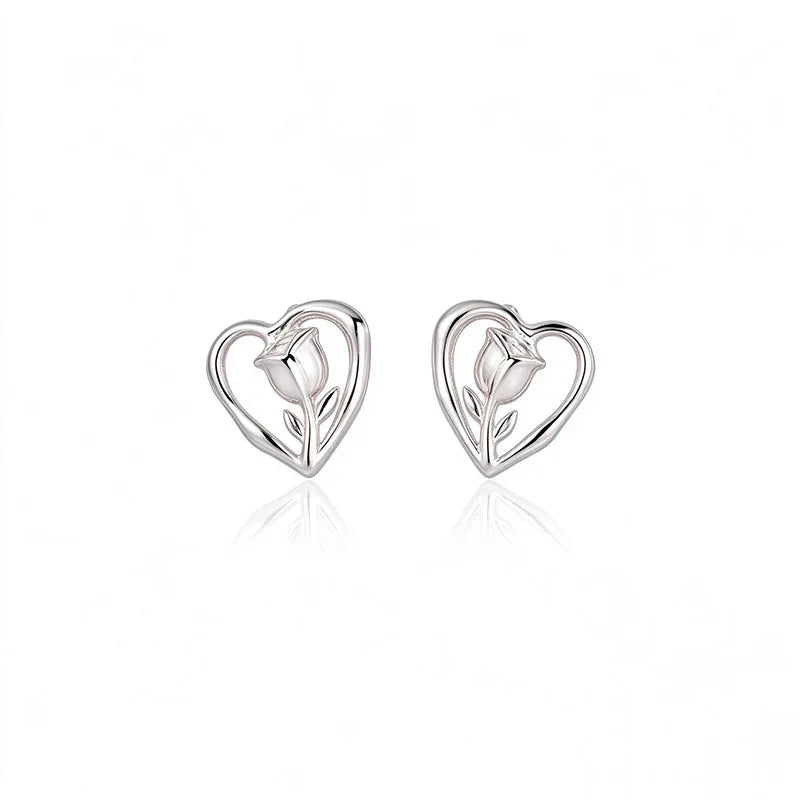Silver Heart-Shaped Rose Stud Earrings DS5013